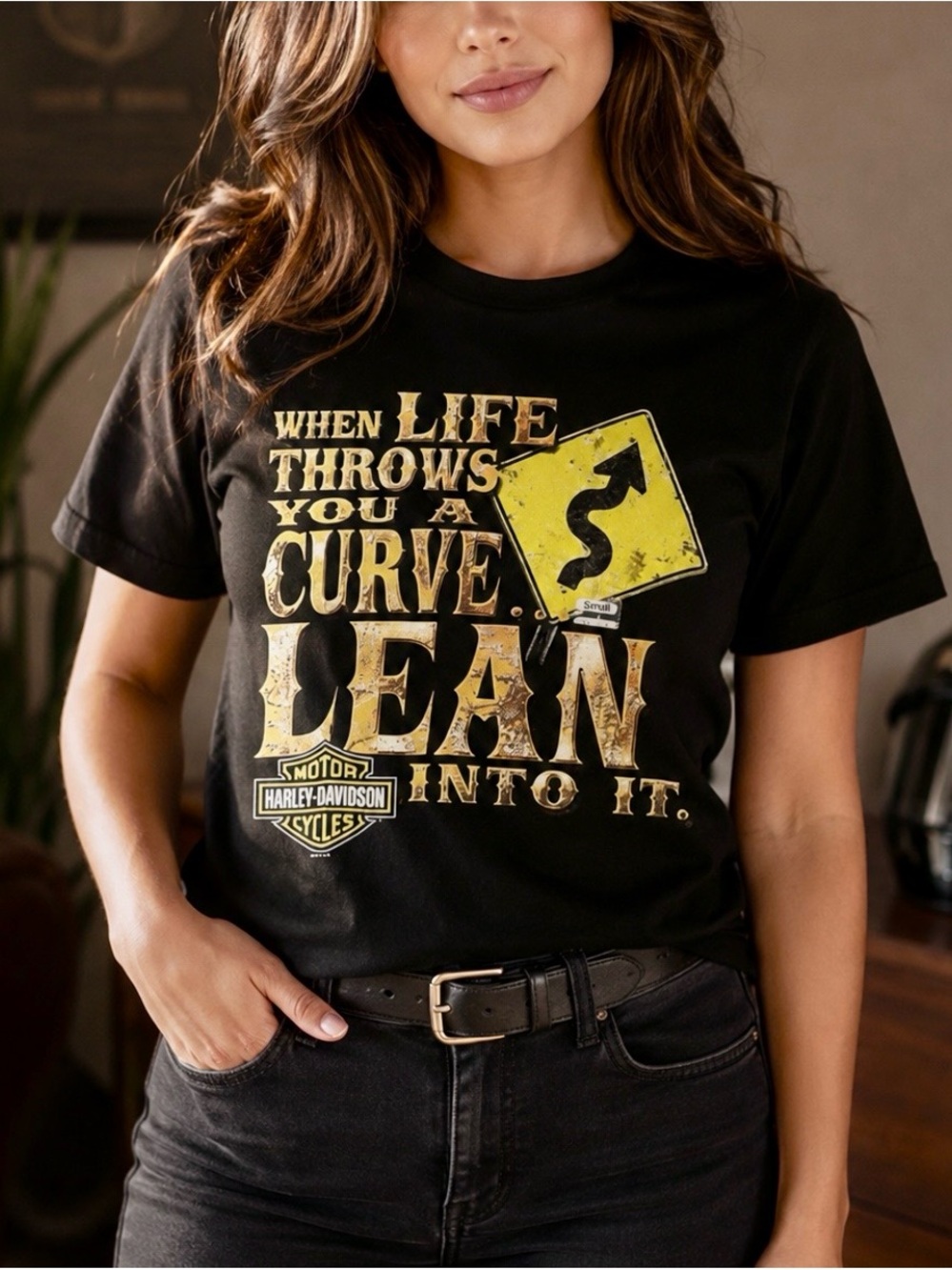 Harley-Davidson Black and Yellow 'Lean Into It' Graphic Tee